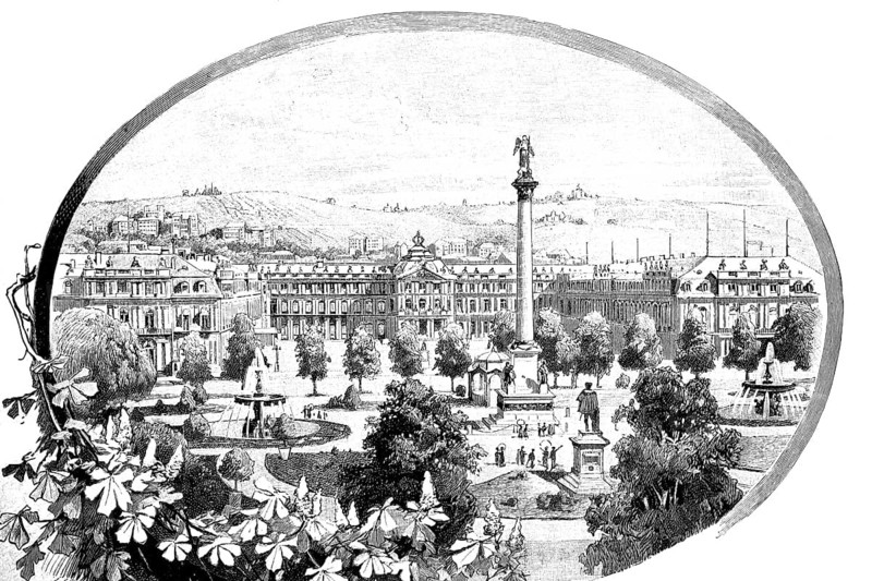 Residence Palace and Jubilee Column in Stuttgart, 1890, Baden-Württemberg, Germany, illustration, reproduction from a model from the 19th century. Authentic, file restored for optimal use, exact date of submission unknown, historical