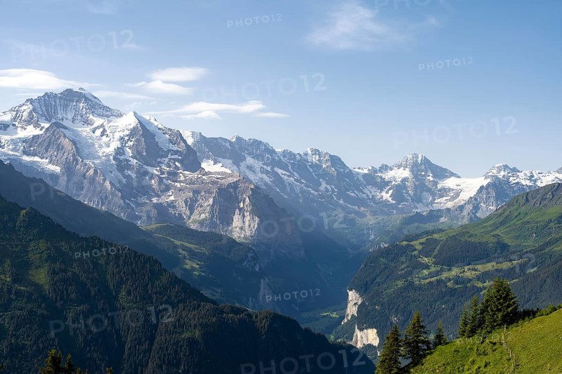 View of the Lauterbrunnen Valley from Schynige Platte, picturesque mountain landscape, glaciated mountain peaks Breithorn and Jungfrau, Bernese Alps, Bernese Oberland, Switzerland