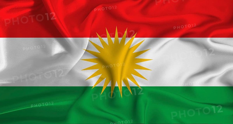 Realistic Kurdistan flag waving. Close up of flag of Kurdistan with cloth texture
