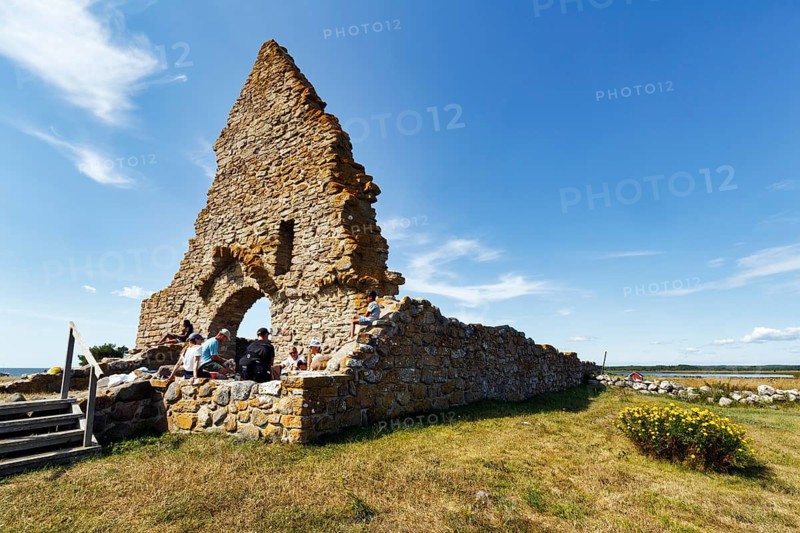 Ruins of St. Birgitta Chapel, Saint Britas Chapel, Middle Ages, tourists enjoy historic atmosphere and views of the Baltic Sea, Sikavarp, Kapelludden, East Coast, Öland Island, Kalmar Län, Sweden