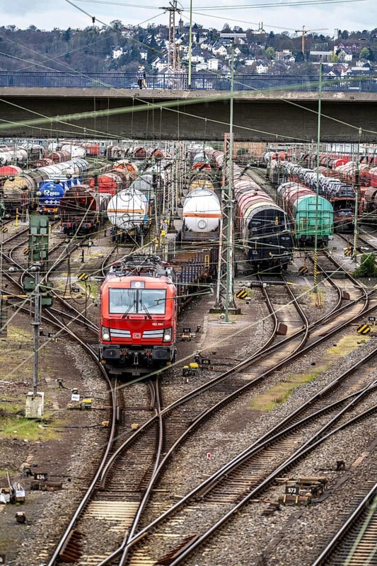 The Hagen-Vorhalle marshalling yard, one of the 9 largest in Germany, is located on the Wuppertal-Dortmund railway line and has 40 directional tracks on which goods trains are assembled, North Rhine-Westphalia, Germany