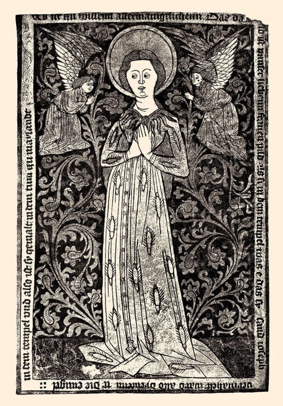 Mary is worshiped by two angels, wood engraving, 1440