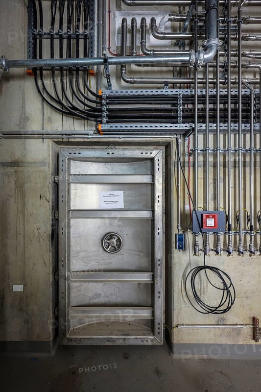 Oberhausen, Ruhr area, North Rhine-Westphalia, Germany - Emscher conversion, new Emscher AKE sewer, here the new Oberhausen pumping station, safety door in the machine room, the ecological conversion of the Emscher system consists of the construction of a central wastewater treatment system in the Ruhr area, the construction of sewers and the renaturalisation of the Emscher and its tributaries
