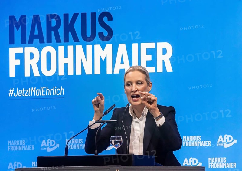 Alice Weidel, co-chair of the parliamentary group of the right-wing populist and far-right Alternative for Germany AfD party. Federal spokesperson for the party. Campaign rally for the state election in Baden-Württemberg of the AfD party in the Congress Center Pforzheim CCP. Pforzheim, Baden-Württemberg, Germany