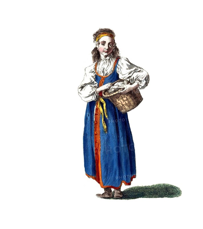 Historical clothing, fashion over time, clothing of a young market woman in Octha in Russia in 1765, digitally restored reproduction of an 18th/19th century model, exact date unknown, woman in blue historical clothing with basket in hand