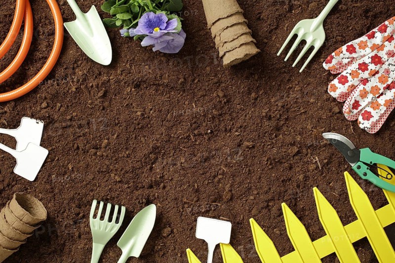 A variety of garden tools and accessories like gloves, pots, and a hose rest on fresh soil, ready for spring planting. Essential items for gardening enthusiasts
