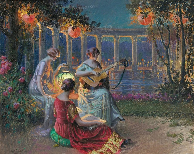 Soir de fête, also known as Evening Party, is an important work by the French painter Delphin Enjolras (1857-1945) . The painting shows three elegantly dressed woman in a garden at night. One woman is playing the guitar, a second is engrossed in a conversation and the third is reading a book, illustration, reproduction from a painting. Authentic, File restored for optimal use, Exact date of original unknown, Historical, Three woman playing music in an atmospheric garden at night by lantern light