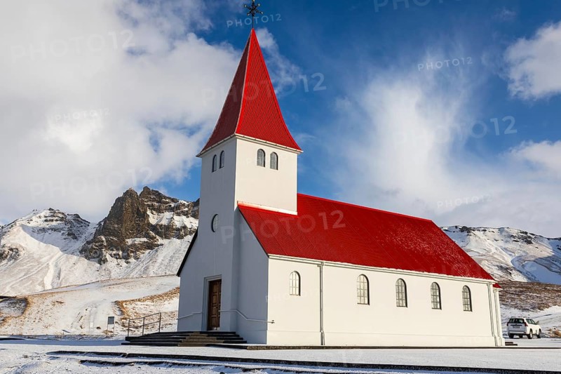 Víkurkirkja, Vík í Mýrdal church, snow, winter, Vik, Iceland, Scandinavia