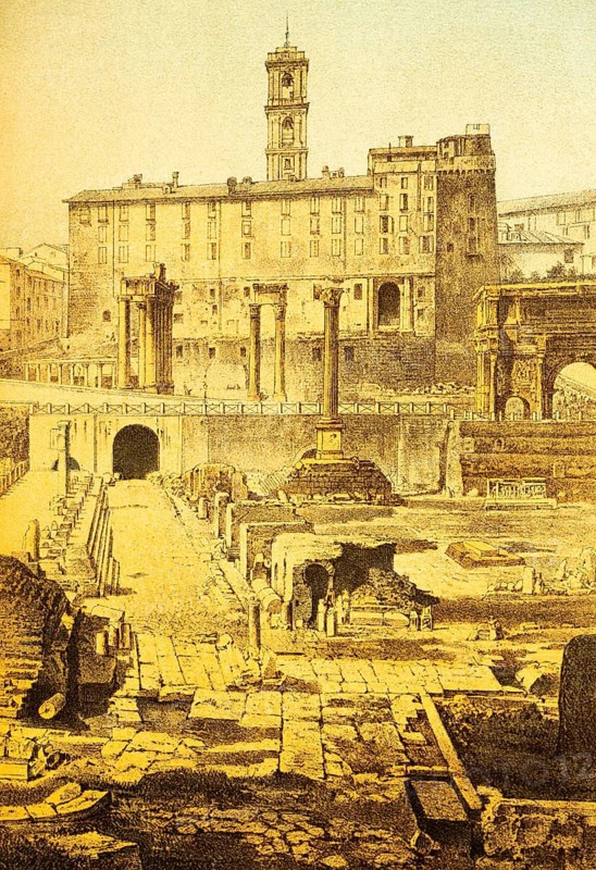 View of ancient Rome from the Roman Forum, ruins, cityscape, columns, houses on the hillside, Italy, coloured historical illustration from 1882