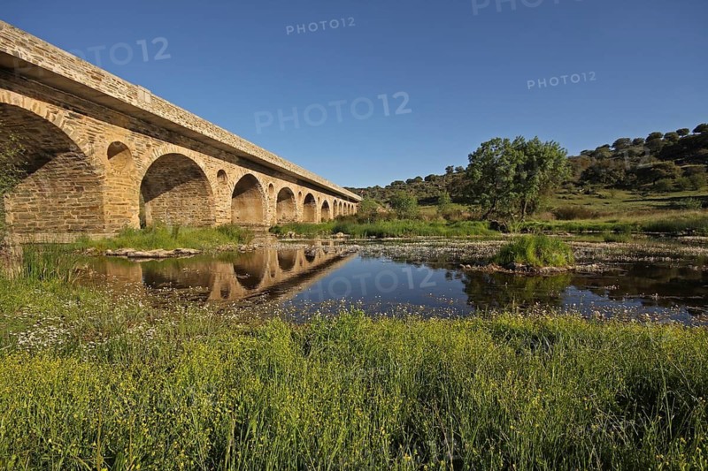 Stone arch bridge with reflection, across the Rio Almonte south of Torrejon El Rubio, landscape, river, Extremadura, Spain
