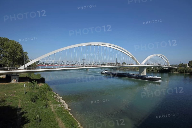 Modern tram bridge Pont Beatus-Rhenanus across the Rhine with cargo ship, arched bridge, Kehl, Baden-Württemberg, Germany