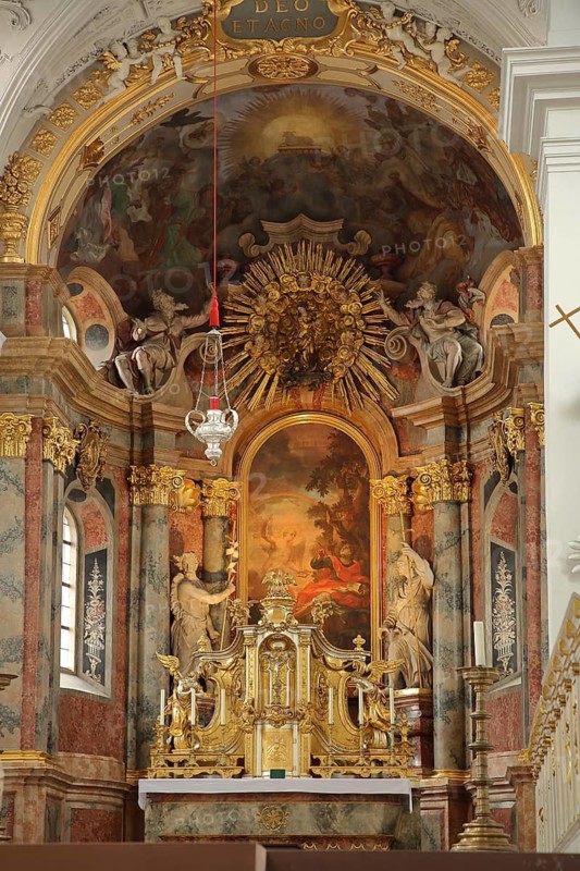 Main altar with painting John of Patmos, by the baroque painter Johann Baptist Zimmermann, Neumünster church, Neumünster church, interior view, painting, arts and crafts, baroque, Würzburg, Lower Franconia, Franconia, Bavaria, Germany