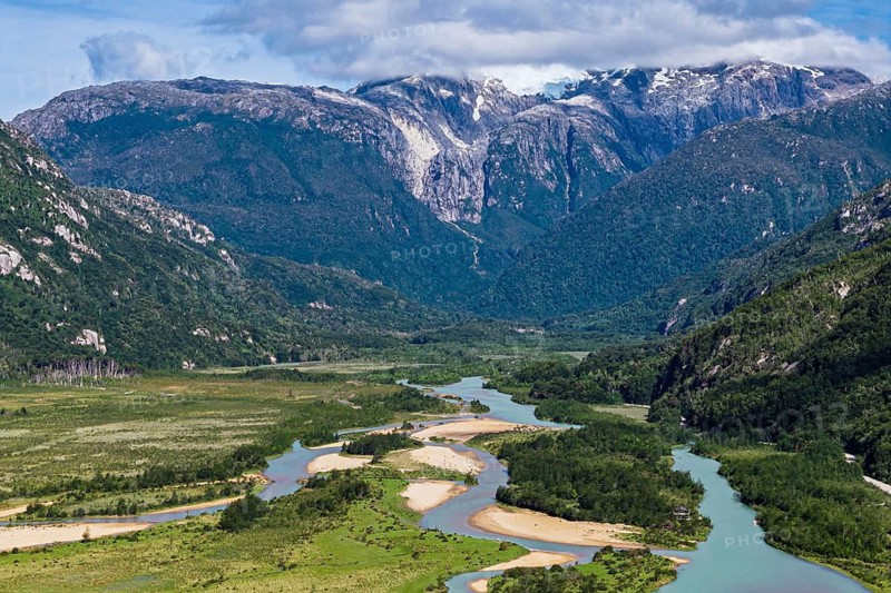 Gravel road along river Rio Norte, Valle Exploradores, aerial view, near Puerto Tranquilo, Patagonia, Chile exploradores, near Puerto Tranquilo, Patagonia, Chile