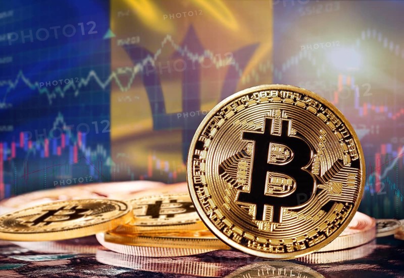 Bitcoin with Barbadian flag in the background. Investors in cryptocurrency and Blockchain Technology in Barbados, Concept