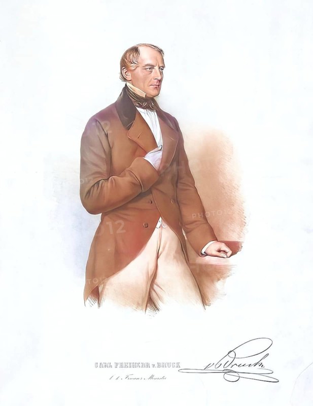 Karl Ludwig Bruck, since 1844 Knight of Bruck, since 1849 Baron of Bruck (born 18 October 1798 in Elberfeld, Rhineland, died 23 April 1860 in Vienna) was a German merchant and later Austrian minister, Historical, digitally restored reproduction from a 19th century original, Record date not stated