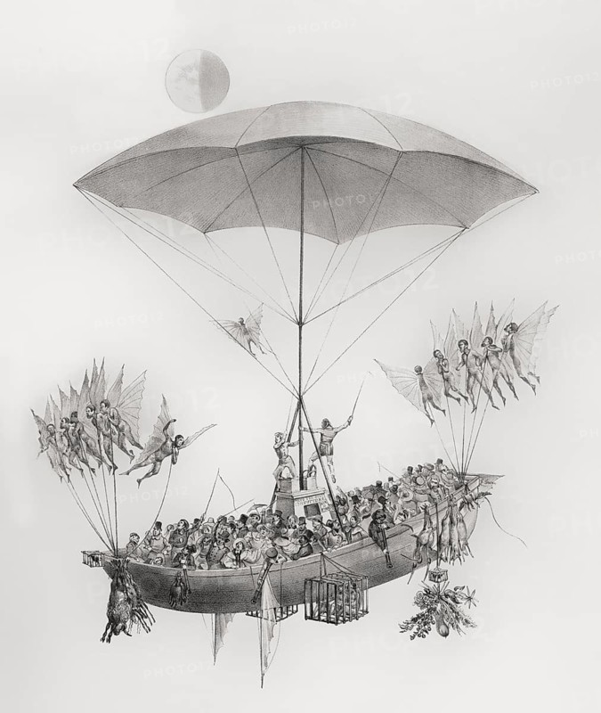 Flying machine returning from the moon, by Gaetano Dura, 1836
