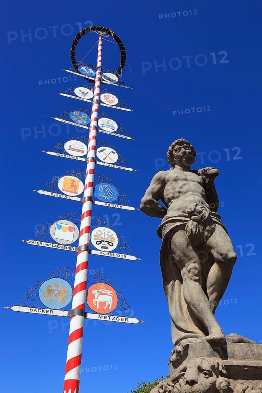 In the city centre of Bayreuth, Hercules fountain and guild tree in the pedestrian zone, Bayreuth, Upper Franconia, Bavaria, Germany