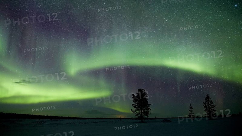Aurora borealis in green colors over snow covered landscape at night, Lapland, Finland