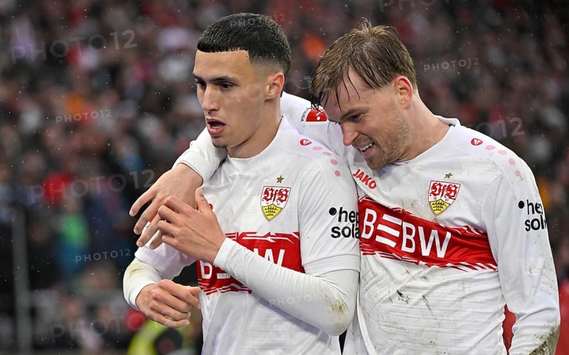 Goal celebration Bilal El Khannouss VfB Stuttgart (11) Maximilian Mittelstädt VfB Stuttgart (07) Soccer Bundesliga, MHPArena, MHP Arena Stuttgart, Baden-Württemberg, Germany