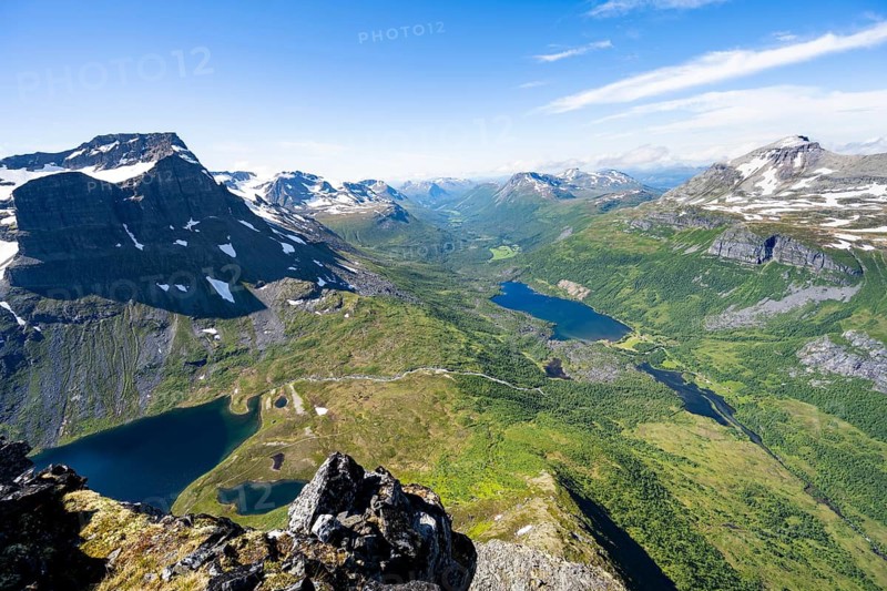 Panorama, view from the summit of Innerdalstårnet of mountain landscape, Innerdalen high valley and lake Innerdalsvatna, lake Giklingdalsvatnet and high valley Flatvaddalen, Trollheimen Mountain Area, Sunndal, Møre og Romsda, Vestlandet, Norway