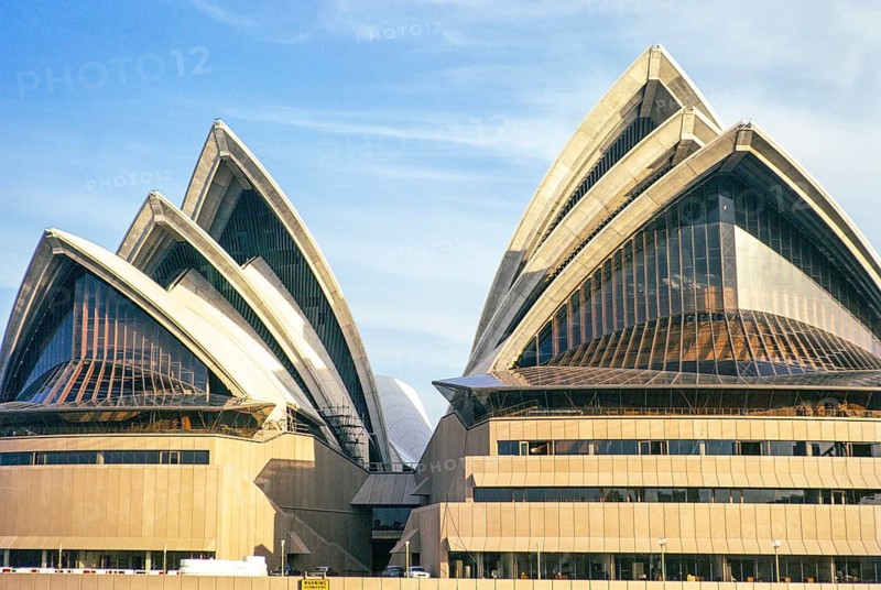 Detail of Sydney Opera House iconic precast concrete shells modernist architecture, architect Jørn Utzon, photograph from 1973 its year of opening