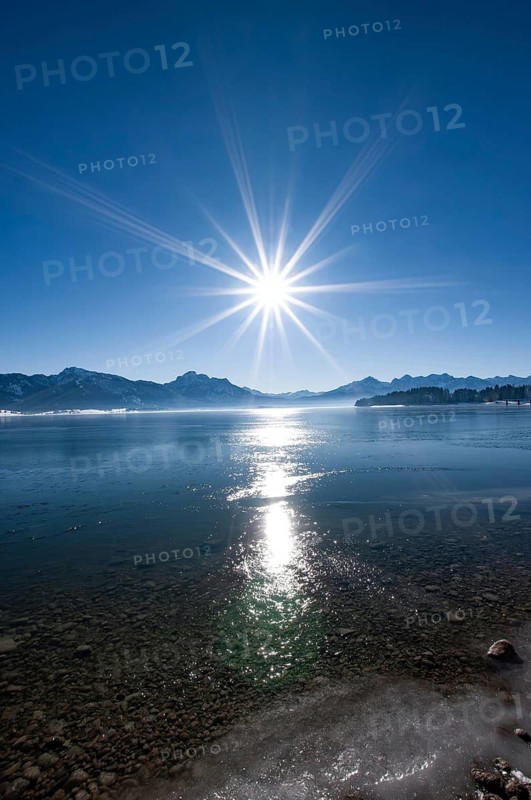 Winter idyll at the Forggensee in the Allgäu, in the background on the left the Säuling (2047 m) near Füssen, Bavaria, Germany
