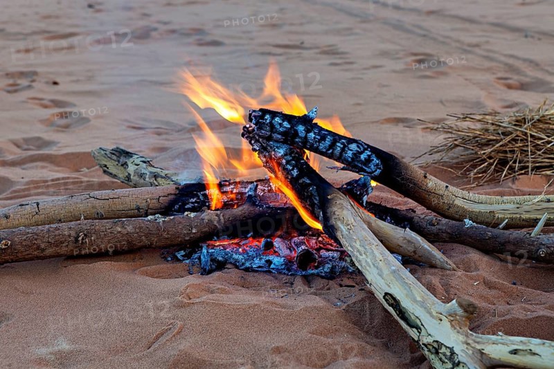 A campfire in a sandy desert landscape with burning logs and lively flames, campfire in the Sahara in Algeria