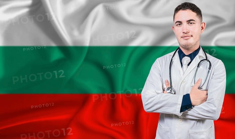 Portrait of medical professional on Bulgaria flag background. Bulgarian national health system