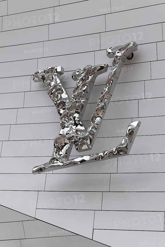 Louis Vuitton logo at the Louis Vuitton Foundation, Le vaisseau de verre, glass ship, futuristic building by architect Frank Gehry, Bois de Boulogne, Paris, France