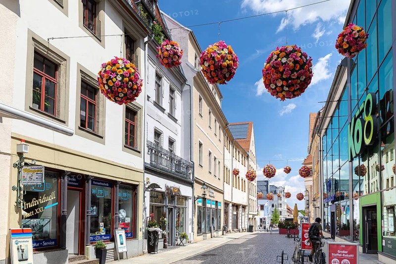 Petersstraße pedestrian zone in downtown Freiberg, Saxony, Germany