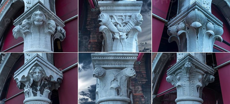 Compilation of capital structures on the pillars of the fish market, rialto market in the San Polo district, Venice, Veneto, Italy
