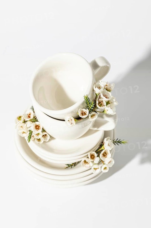 Top view of elegant white cups and plates, beautifully adorned with delicate spring flowers. Positioned on a crisp white background, this setup exudes a clean and aesthetic appeal, perfect for spring-themed tableware displays