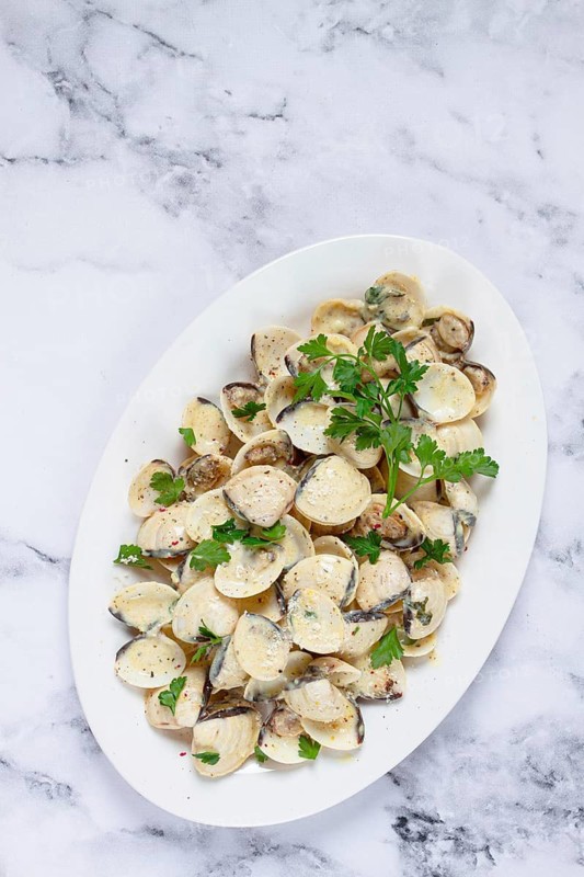 Vongole clams, in cream sauce, on a white plate, homemade, top view, no people