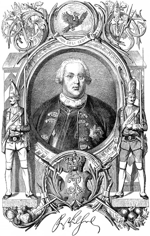 Portrait of Prussian King Frederick William I, picture frame, soldiers with rifle, motto Non Soli Credit or He does not give way to the sun, eagle, royal crown, insignia, Friedricus Rex, signature, ornamentation, Prussian history, historical illustration 1882
