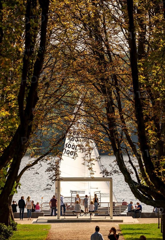 Promenade on Lake Baldeney, jetty for the ships of the White Fleet, lido, sailing boats on the lake, a Ruhr reservoir, in Essen North Rhine-Westphalia, Germany