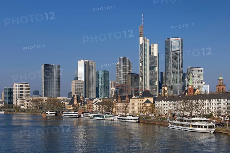 Blue sky shines over Frankfurt's banking skyline, Frankfurt am Main, Hesse, Germany