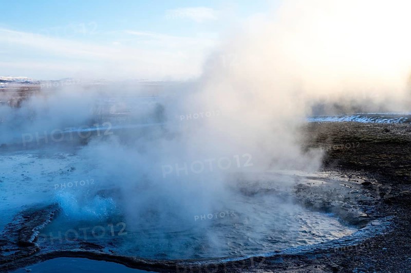 Hot spring, gysir, water vapor, snow, winter, Haukadalur Valley, Golden Circle, Iceland, Scandinavia