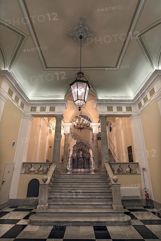 View into the entrance hall of a former palace, today Banca Profilo, Genoa, Italy