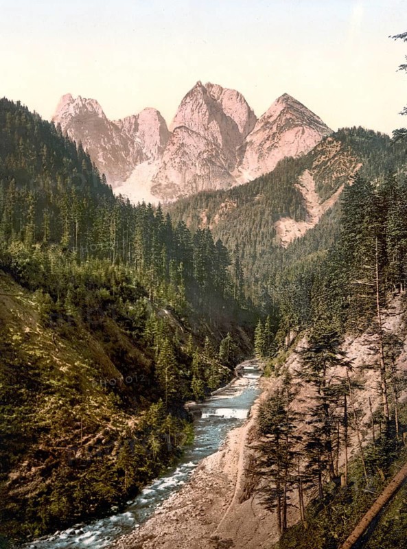 Salzkammergut, Landschaft am Gosaubach, Austria, around 1890, Historic, digitally restored reproduction from a 19th century original, Landscape at the Gosaubach, Austria, around 1890, Historic, digitally restored reproduction from a 19th century original