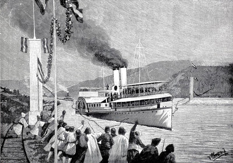 The steamer Franz Joseph I opens the canal at the Iron Gate, September 27, 1896, Danube, Romania, illustration, reproduction from a model from the 19th century. Authentic, file restored for optimal use, exact date of original unknown, Historic, a steamboat sails up a river as people stand cheering on the shore