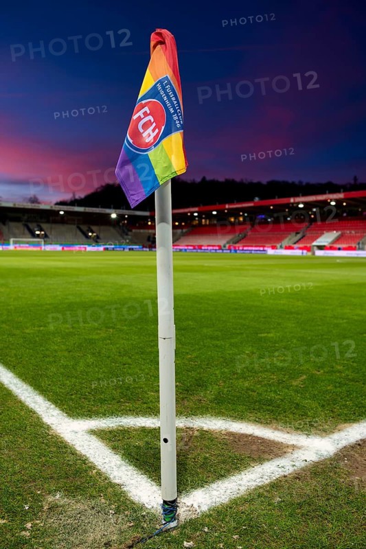 Stadium, interior, logo, 1. FC Heidenheim 1846, corner flag in LGBT colours Lesbian, Gay, Bisexual, Transgender, lesbian, gay, bisexual, transgender, evening sky, sunset, dramatic, Voith-Arena, Heidenheim, Baden-Württemberg, Germany