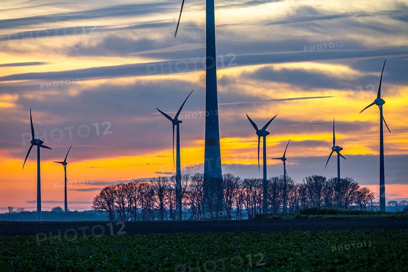 Sunset at Issum wind farm, Lower Rhine, North Rhine-Westphalia, Germany
