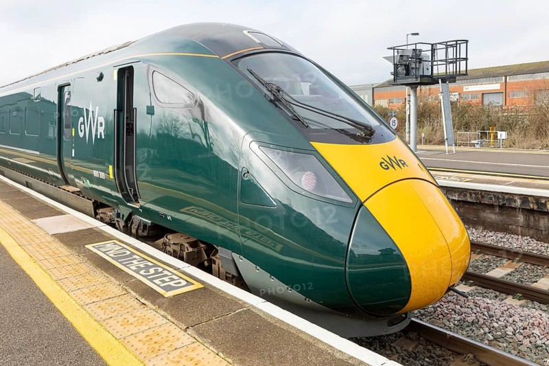 GWR British Rail Class 800 Inter City Express train arriving platform, Westbury railway station, Westbury, Wiltshire, England, UK
