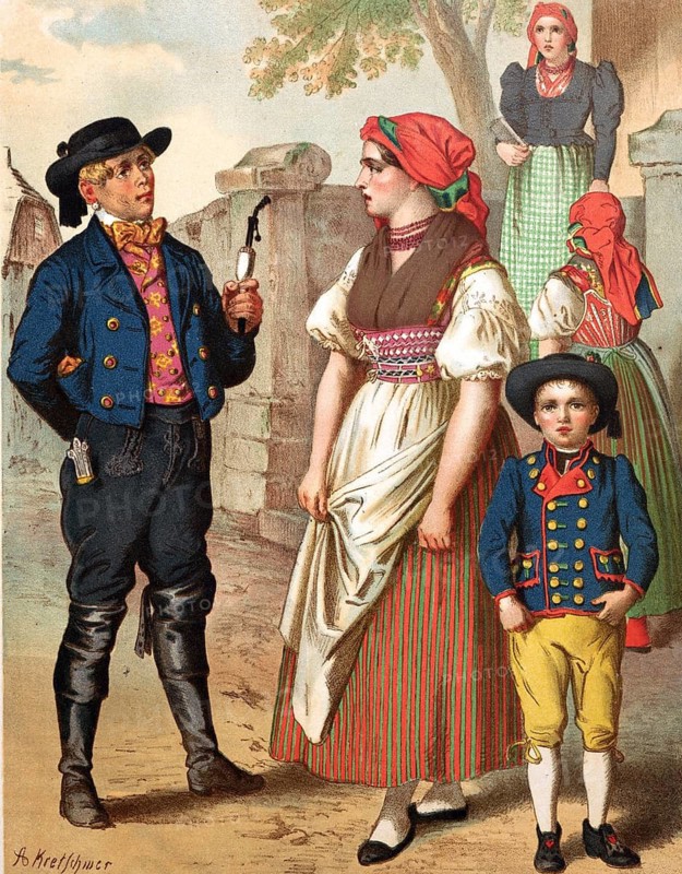 Traditional costumes in Germany around 1820, Bohemia, Haid, men and woman in traditional traditional costume stand in front of a building with tools, digitally retouched reproduction of a model from around 1850, by Albert Kretschmer (27 February 1825, 11 July 1891), German painter and costume expert