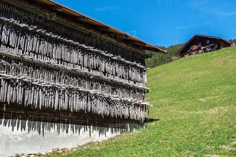 Diemen, wooden frames, wooden rack for drying hay on an old barn, behind Berggasthof Gaissalpe, Reichenbach, Oberstdorf, Oberallgäu, Allgäu Alps, Allgäu, Bavaria, Germany