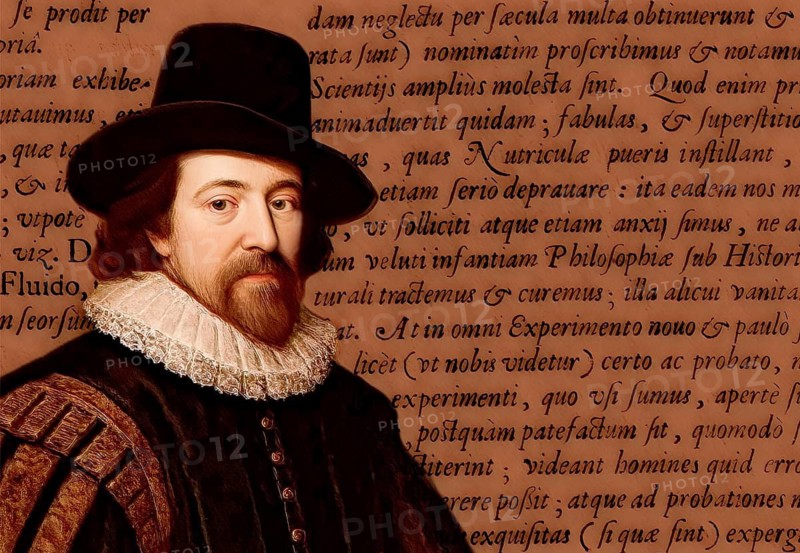 Portrait of Sir Francis Bacon, Baron Baco of Verulam, 1561 - 1626, English lawyer, statesman, essayist, historian, intellectual reformer, philosopher and scientist, title of ‚ Page from ‘Instauratio Magna‘