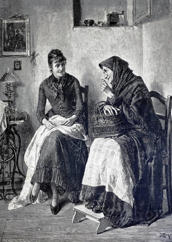 The gossip base, old woman tells a young woman the latest news from the neighborhood, 1890, Germany, illustration, reproduction from a model from the 19th century. Authentic, file restored for optimal use, exact date of original unknown, historical, two woman sitting in the living room, an older one tells the younger woman something