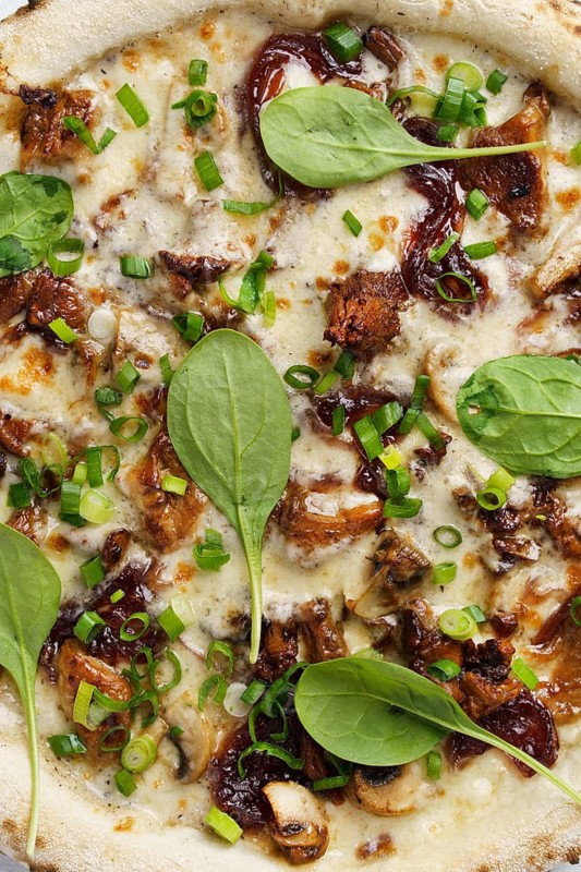 Close up view of a freshly baked gourmet pizza topped with chanterelles, truffle sauce, mozzarella, porcini mushrooms, champignons, and garnished with fresh green onions and spinach leaves