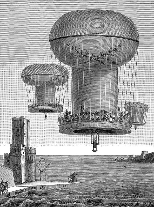 Napoleon's planned invasion of the United Kingdom, Cartoon on the invasion, showing a fleet of balloons, Karikatur über Napoleons Plan der französischen Invasion in England, Truppentransport mit Ballons