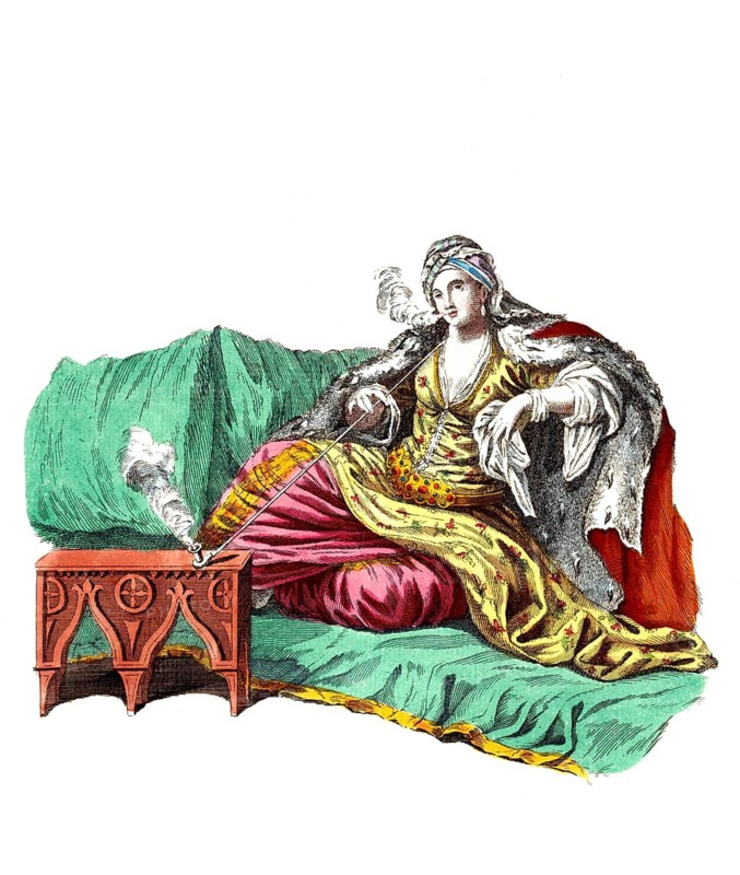 Historical clothing, fashion in the course of time, clothing of a noble lady from Turkey around 1700, digitally restored reproduction of a model from the 18th/19th century, exact date unknown, woman in luxurious clothing smoking on a sofa, surrounded by cushions